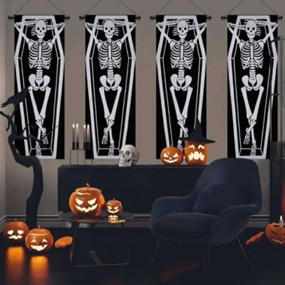 NWT ~ Set/ 4 Panels ~ Spooky Halloween Coffin Skeleton Curtains ~ 13